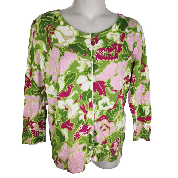 Talbots Petite Cardigan Medium Pink Green Floral 3/4 Sleeve Cotton Rayon Button - Picture 1 of 9
